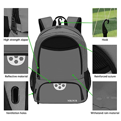 Mkour Soccer Bag, Soccer Backpack for Football Basketball Volleyball, Boys Girls Soccer Bags with Ball Compartment and Ball Holder (Grey)