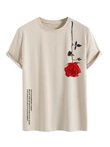 gorglitter men's rose & slogan graphic round neck t shirt short sleeve casual tee shirts khaki medium