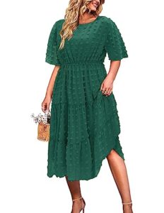 in'voland womens chiffon elegant plus size dresses swiss dot babydoll short sleeve party midi dress dark green