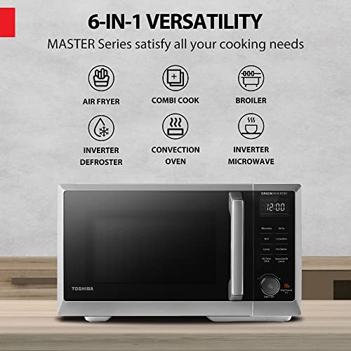TOSHIBA 6-in-1 Inverter Microwave Oven Air Fryer Combo, MASTER Series Countertop Microwave, Healthy Air Fryer, Broil, Convection, Speedy Combi, Even Defrost, Sound On/Off 27 Auto Menu Stainless Steel