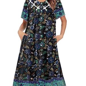 Ekouaer Women's House Dress Short Sleeve Sleepwear Mumu Lounge Wear Old Lady Nightgown Floral Print Night Dress with Pockets M