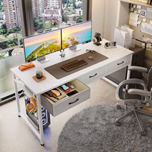 ODK 55 Inch Computer Desk with 3 Fabric Drawer, Home Office Desk Modern Work Writing Study Desk, White