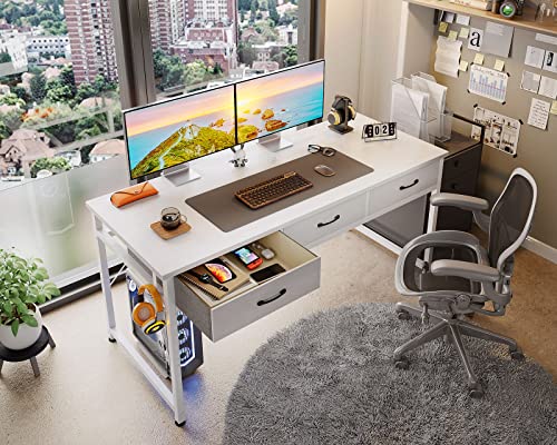 ODK 55 Inch Computer Desk with 3 Fabric Drawer, Home Office Desk Modern Work Writing Study Desk, White