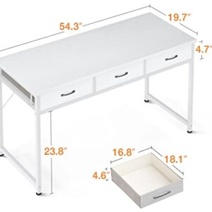 ODK 55 Inch Computer Desk with 3 Fabric Drawer, Home Office Desk Modern Work Writing Study Desk, White