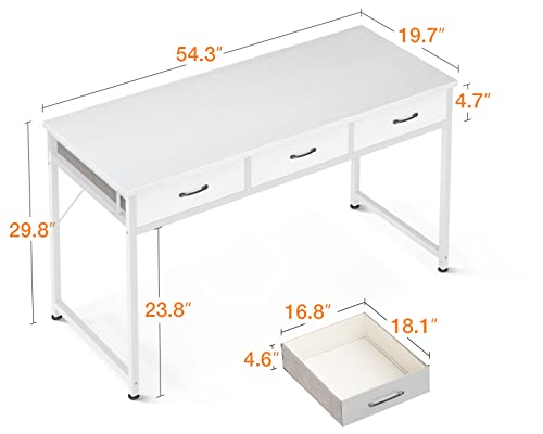 ODK 55 Inch Computer Desk with 3 Fabric Drawer, Home Office Desk Modern Work Writing Study Desk, White