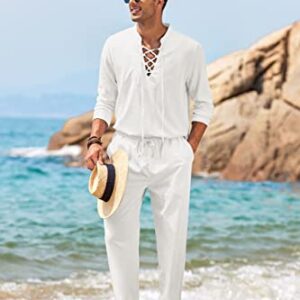 COOFANDY Men's 2 Piece Linen Set Long Sleeve Henley Shirts Casual Beach Pants With Pockets Summer Yoga Outfits