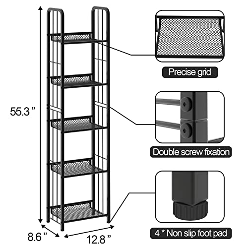 Azheruol Bookshelf Storage Shelf Bookcase Freestanding Storage Stand for Living Room, Bedroom, Kitchen Rust Resistance Easy Assembly Free Combination Multi-Functional Organizer (5 Tiers, Black)