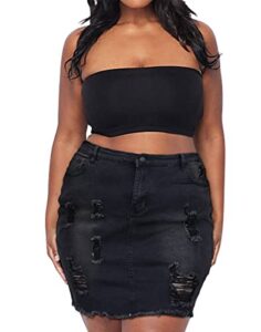 pyl women plus size distressed jean short denim skirt, raw hem casual bodycon black