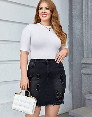 PYL Women Plus Size Distressed Jean Short Denim Skirt, Raw Hem Casual Bodycon Black