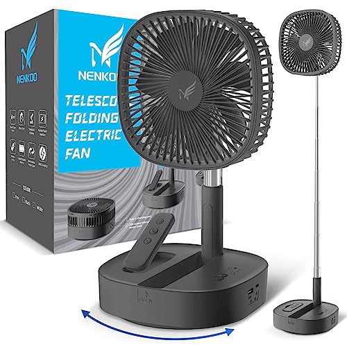 Nenkoo Battery Operated Desk Fan 12500mAh, Portable Oscillating Travel Fan 8", Telescopic Floor Fan 4 Speed, Timing Black Table Fan Adjustable Height 14.6"-40.2" Remote Control Fan Home Outdoor