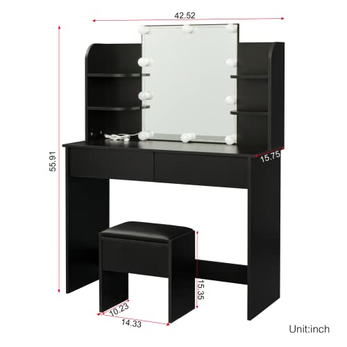 Voohek, Black Large Vanity Set with 10 LED Light and Mirror, Makeup Table with Cushioned Stool, 6 Storage Shelves 2 Drawers, Dresser Desk for Women, Girls, Bedroom