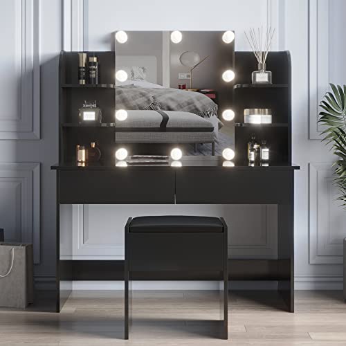 Voohek, Black Large Vanity Set with 10 LED Light and Mirror, Makeup Table with Cushioned Stool, 6 Storage Shelves 2 Drawers, Dresser Desk for Women, Girls, Bedroom