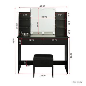 Voohek, Black Large Vanity Set with 10 LED Light and Mirror, Makeup Table with Cushioned Stool, 6 Storage Shelves 2 Drawers, Dresser Desk for Women, Girls, Bedroom