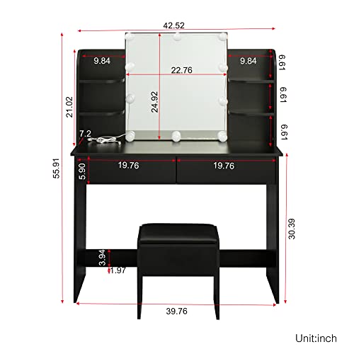 Voohek, Black Large Vanity Set with 10 LED Light and Mirror, Makeup Table with Cushioned Stool, 6 Storage Shelves 2 Drawers, Dresser Desk for Women, Girls, Bedroom