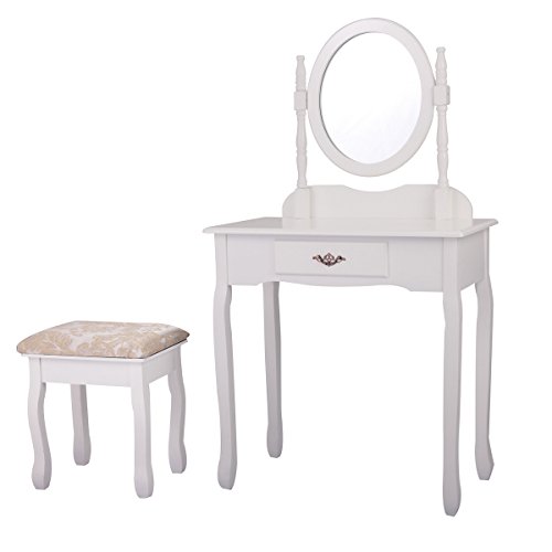 Makeup Vanity Set with 360° Rotating Mirror and Large Drawer, Modern Bedroom Dressing Table and Cushioned Stool, for Girls Women, White