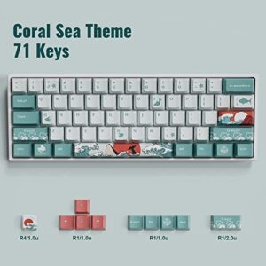 Keycaps 60 Percent - PBT Keycap Set, 71 Key Custom Keycaps for Mechanical Keyboards, OEM Profile, English (US) Layout - Coral Sea