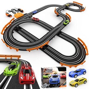 slot car race track sets with 4 high-speed slot cars, battery or electric race car track for boys and kids, dual racing game lap counter circular overpass track, gifts toys for boys kids age 6 7 8-12