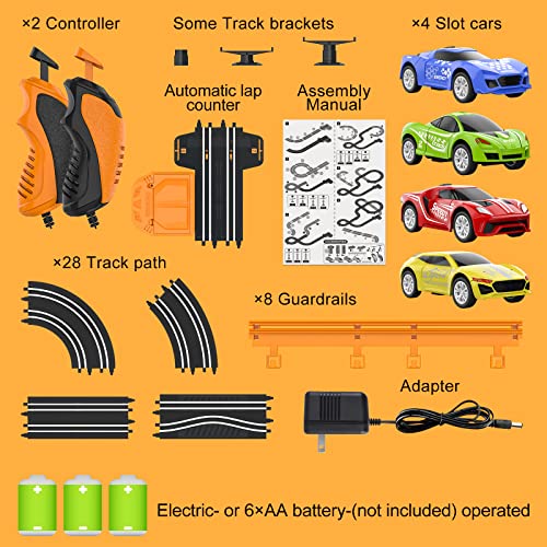 Slot Car Race Track Sets with 4 High-Speed Slot Cars, Battery or Electric Race Car Track for Boys and Kids, Dual Racing Game Lap Counter Circular Overpass Track, Gifts Toys for Boys Kids Age 6 7 8-12