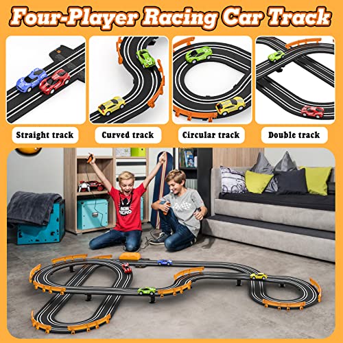 Slot Car Race Track Sets with 4 High-Speed Slot Cars, Battery or Electric Race Car Track for Boys and Kids, Dual Racing Game Lap Counter Circular Overpass Track, Gifts Toys for Boys Kids Age 6 7 8-12