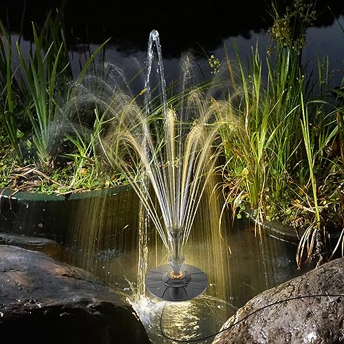 Jutai Floating Pond Fountain Pump with LED Lights Electric 2 Tier Spray, 2023 Plug in DC 12V Outdoor Water Fountain Waterfall for Small Ponds, Garden, Inground Pools, 32.8ft Power Cord(Warm White)