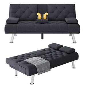 hifit futon sofa bed, upholstered convertible folding sleeper sofa bed with removable armrests, modern futon couch for living room, bedroom, 2 cupholders, metal legs, dark grey