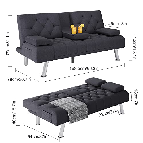 HIFIT Futon Sofa Bed, Upholstered Convertible Folding Sleeper Sofa Bed with Removable Armrests, Modern Futon Couch for Living Room, Bedroom, 2 Cupholders, Metal Legs, Dark Grey