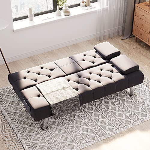 HIFIT Futon Sofa Bed, Upholstered Convertible Folding Sleeper Sofa Bed with Removable Armrests, Modern Futon Couch for Living Room, Bedroom, 2 Cupholders, Metal Legs, Dark Grey