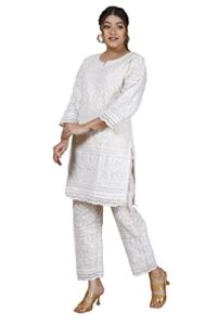 vrnda indian chikankari cotton kurtis for women summer dress tunic top pant set pakistani salwar suit- kameez (l-white)