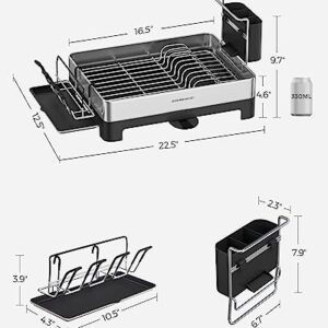 SONGMICS Dish Drying Rack, Stainless Steel Dish Rack with Rotatable Spout, Drainboard, Fingerprint-Resistant Dish Drainers for Kitchen Counter, 12.5 x 22.5 in, Silver and Black UKCS030B01