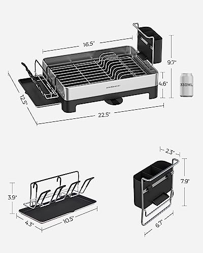 SONGMICS Dish Drying Rack, Stainless Steel Dish Rack with Rotatable Spout, Drainboard, Fingerprint-Resistant Dish Drainers for Kitchen Counter, 12.5 x 22.5 in, Silver and Black UKCS030B01