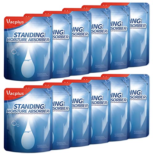 Vacplus Moisture Absorbers 12 Pack, Standing Humidity Packs for Narrow Flat Surfaces, Effective Closet Dehumidifier with Visible Water Level for Bathrooms, Kitchens & Bookshelves, Fragrance-Free