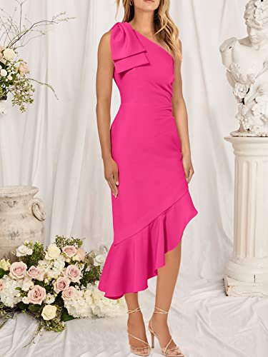 ANRABESS Women's Summer One Shoulder Formal Graduation Prom Midi Dresses Sleeveless Bodycon Mermaid Ruffle Cocktail Wedding Guest Dress 838meihong-L Rose