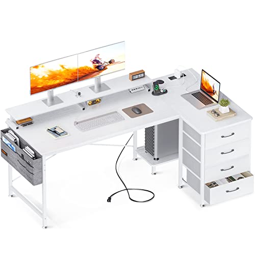 ODK 63 inch L Shaped Computer Desk with USB Charging Port & Power Outlet, L-Shaped Corner Desk with 4 Tier Drawer & Monitor Shelf for Home Office Workstation, Modern Style Writing Table, White