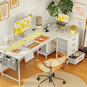 ODK 63 inch L Shaped Computer Desk with USB Charging Port & Power Outlet, L-Shaped Corner Desk with 4 Tier Drawer & Monitor Shelf for Home Office Workstation, Modern Style Writing Table, White