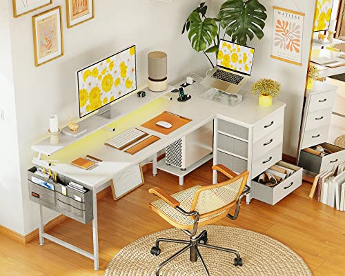 ODK 63 inch L Shaped Computer Desk with USB Charging Port & Power Outlet, L-Shaped Corner Desk with 4 Tier Drawer & Monitor Shelf for Home Office Workstation, Modern Style Writing Table, White