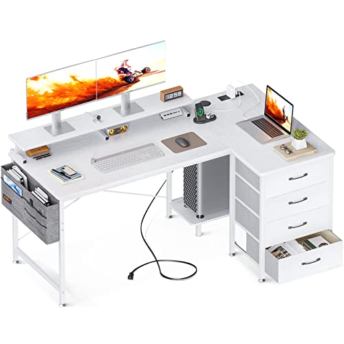 ODK 55 inch L Shaped Computer Desk with USB Charging Port & Power Outlet, L-Shaped Corner Desk with 4 Tier Drawer & Monitor Shelf for Home Office Workstation, Modern Style Writing Table, White