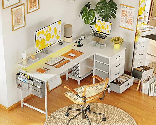 ODK 55 inch L Shaped Computer Desk with USB Charging Port & Power Outlet, L-Shaped Corner Desk with 4 Tier Drawer & Monitor Shelf for Home Office Workstation, Modern Style Writing Table, White