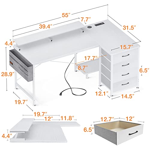 ODK 55 inch L Shaped Computer Desk with USB Charging Port & Power Outlet, L-Shaped Corner Desk with 4 Tier Drawer & Monitor Shelf for Home Office Workstation, Modern Style Writing Table, White