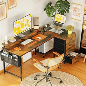 ODK 55 inch L Shaped Computer Desk with USB Charging Port & Power Outlet, L-Shaped Corner Desk with 4 Tier Drawer & Monitor Shelf for Home Office Workstation, Modern Style Writing Table, Vintage