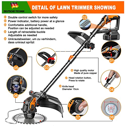 Cordless Weed Wacker/Eater, String Trimmer Battery Powered, with 2 PCS 2.0Ah Batteries and 3Types Blades, for Lawn, Yard and Bush Trimming (Black)