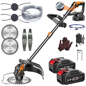 cordless weed wacker/eater, string trimmer battery powered, with 2 pcs 2.0ah batteries and 3types blades, for lawn, yard and bush trimming (black)