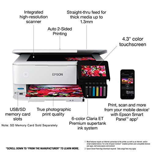 Epson EcoTank Photo ET-8500 Wireless Color All-in-One Supertank Printer, White - Print Scan Copy - 15 ppm, 5760 x 1440 dpi, 4.3" Touchscreen LCD, 30-Sheet ADF, Auto 2-Sided Printing, Ethernet