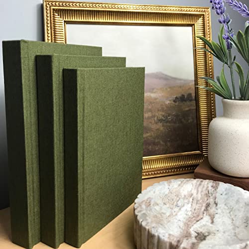 Linen Covered Decorative Books, Set of 3 - Neutral Home Decor Coffee Table Books with Wooden Beaded Tassel for Rustic Farmhouse Modern Decor, Boho, Bookshelf Decor (Olive)