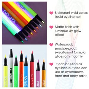 BOBISUKA 8 Colors UV Glow Neon Liquid Eyeliner Set, Matte Colored Eyeliners Pen, Colorful Waterproof Smudge-proof Pigmented Graphic Liners, Delineadores de Colores Para Ojos Eye Makeup Gift Kit