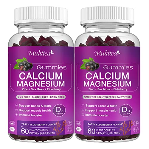 Calcium Magnesium Zinc Gummies with High Absorption Magnesium Glycinate 200mg Potassium -Plant Complex Calcium Supplement with D3 Sea Moss for Bone, Muscles, Calm Mood & Sleep Support - Vegan (2 Pack)