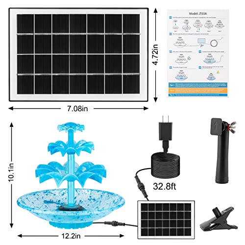 Mademax 3 Tier DIY Solar Fountain with 24-Hours Working and Lights, Upgrade 3.5W Solar and Electric Pump, Solar Powered Bird Bath Fountain Water Feature for Bird Bath, Garden, Balcony, Outdoor