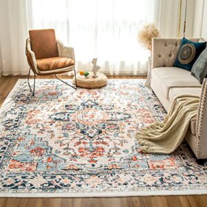 vk living machine washable rug 9'x12' vintage design washable area rugs with non slip rugs for living room bedroom traditional woven rug carpet stain resistant, dining home decor office boho rug, blue