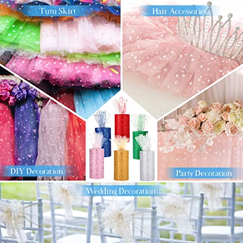 6 Colors Glitter Tulle Rolls 6" by 50 Yards (150FT) Sequin Tulle Sheer Netting Tulle Fabric Spool Tulle Ribbon for Gift Wrapping Tutu Sewing Skirt Wedding Birthday Party Decoration