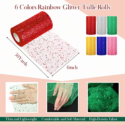 6 Colors Glitter Tulle Rolls 6" by 50 Yards (150FT) Sequin Tulle Sheer Netting Tulle Fabric Spool Tulle Ribbon for Gift Wrapping Tutu Sewing Skirt Wedding Birthday Party Decoration