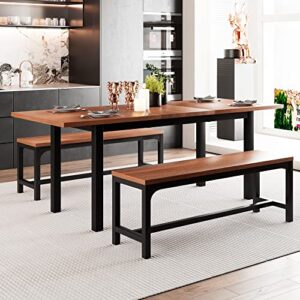 feonase 3-piece 63" xl large dining room table set for 4-8 people, extendable kitchen table set with 2 benches, metal frame and solid mdf wood board, easy assembly, walnut